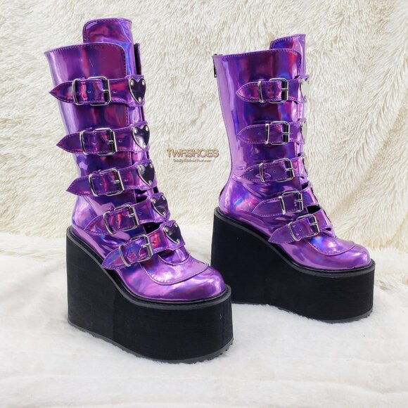 Size 6 Wicked Lover Purple Mid Calf Platform Cyber Stomper Festival Boots Hearts - Picture 1 of 11